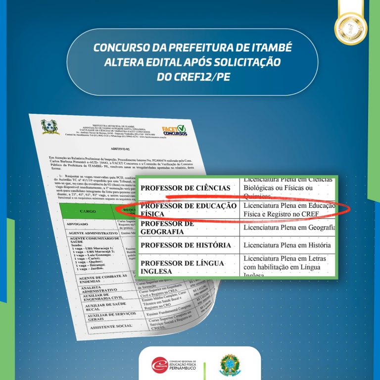Leia mais sobre o artigo Concurso da Prefeitura de Itambé altera edital após solicitação do CREF12/PE